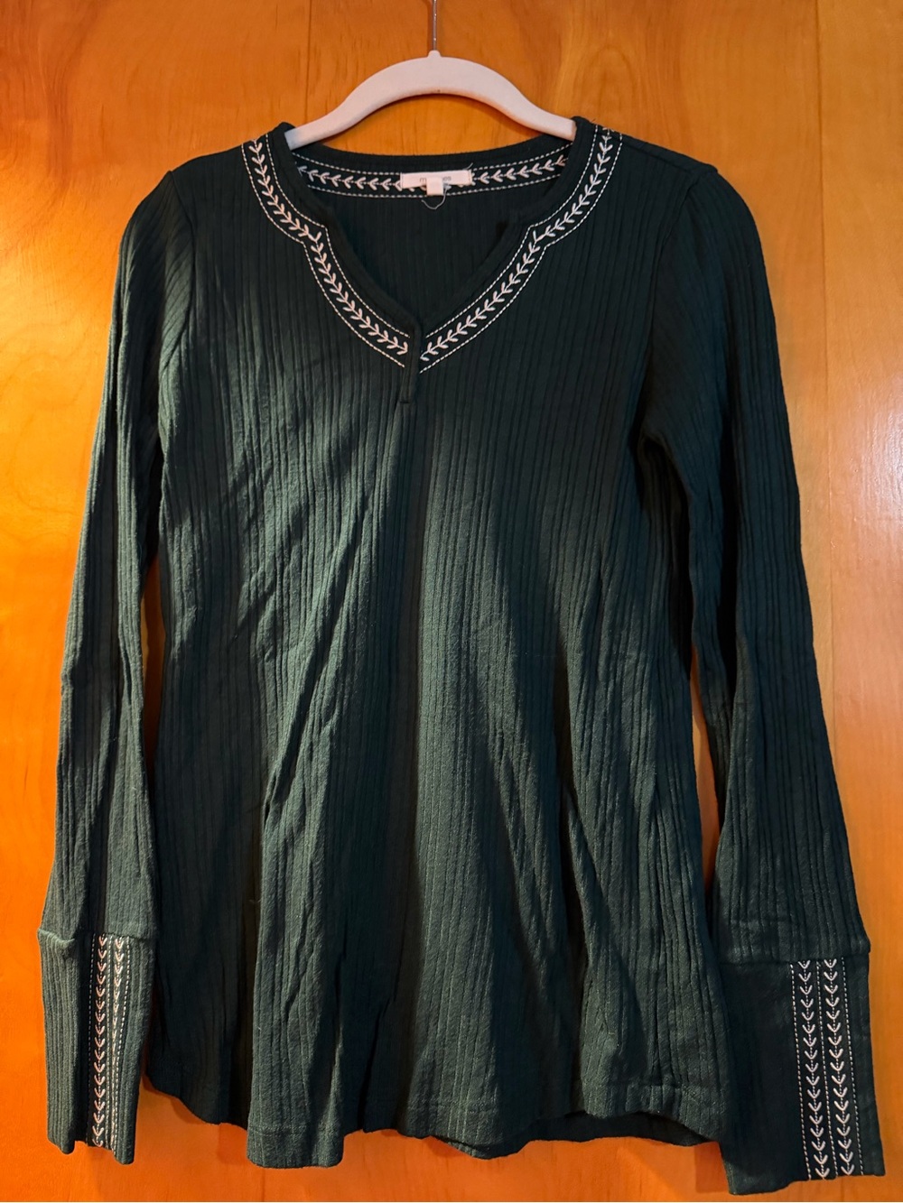 Maurices Dark Green Long Sleeve V-Neck Top with White Embroidered Trim